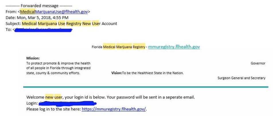 Example of First Email from Medical Marijuana Use Registry