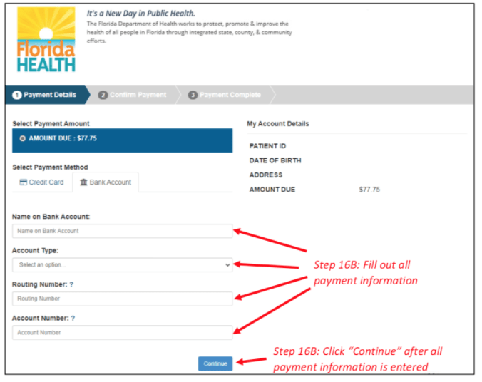 Example of how to pay through your bank account from the Marijuana Use Registry website