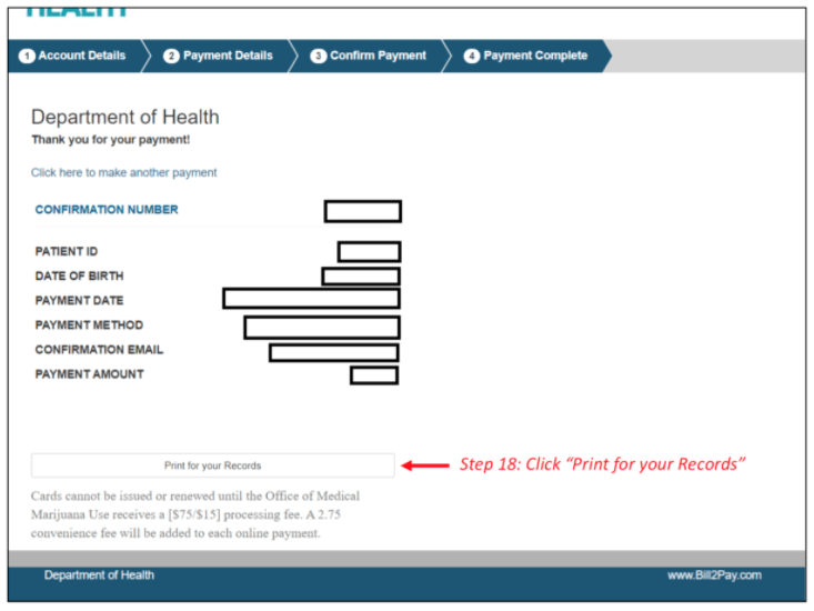 Example showing how to print payment confirmation page for your records from Marijuana Use Registry website